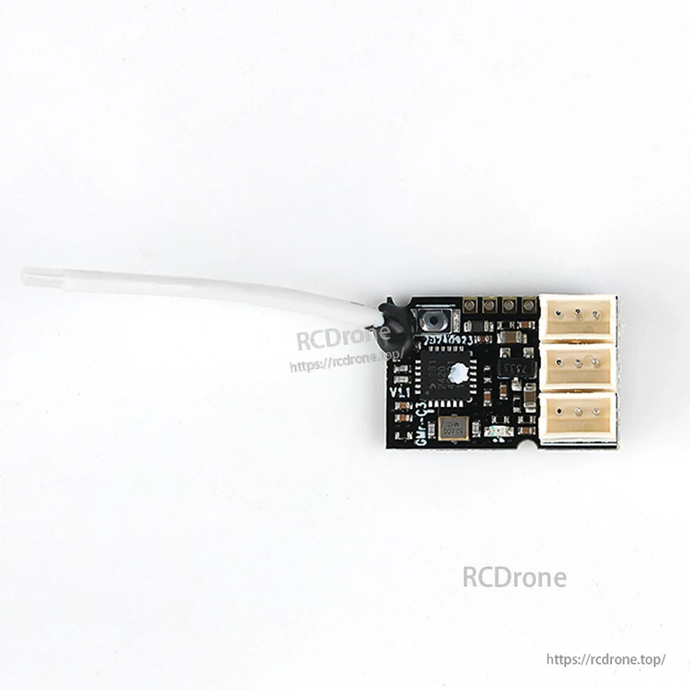 Landscape top view of receiver board with long white antenna extended to the left