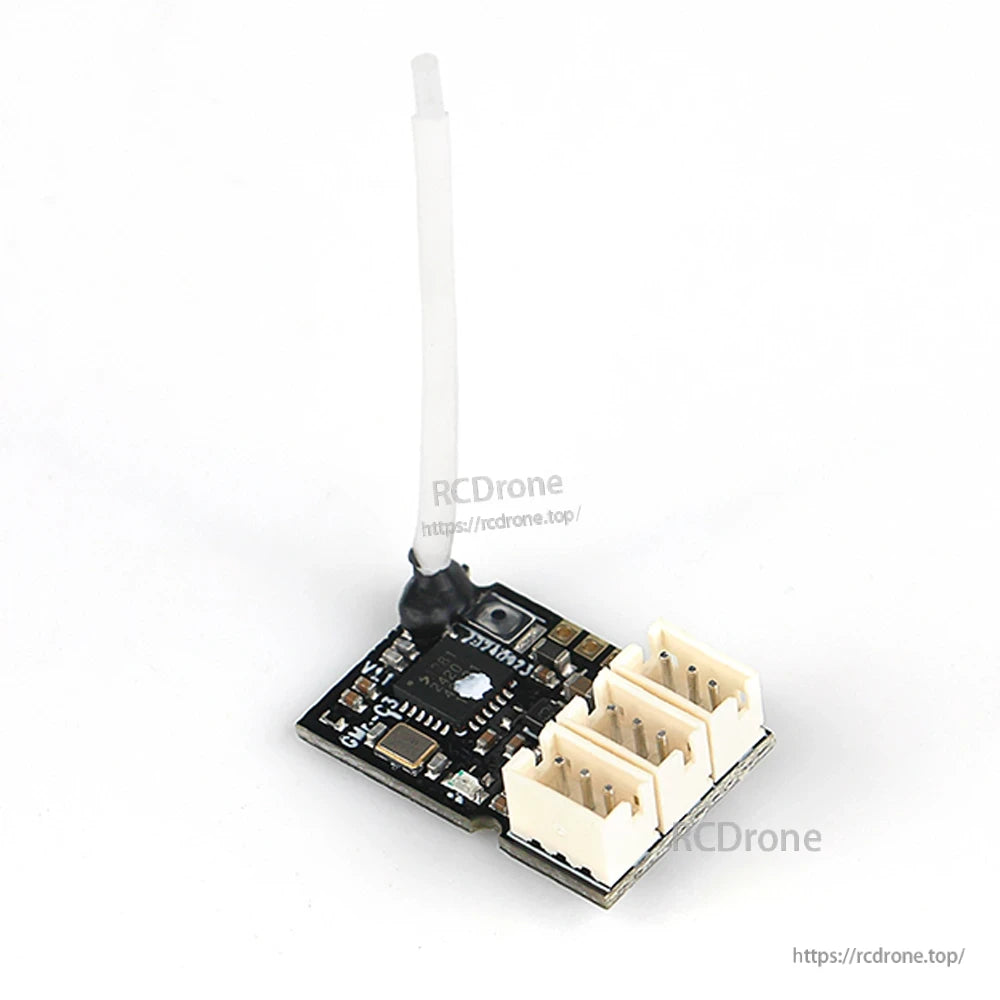 FlySky GMr-C3 micro receiver angled top view with three PWM ports and white antenna