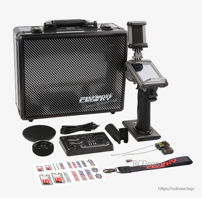 FlySky Noble NB4 Pro+ kit contents: transmitter, hard case, receiver, cables, strap, and accessories