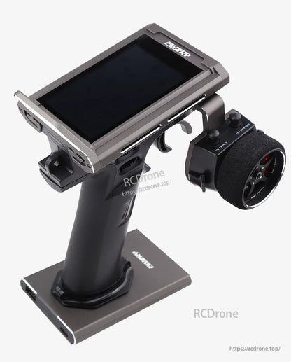 Noble NB4 Pro+ transmitter front-right view showing touchscreen, trigger, and foam steering wheel