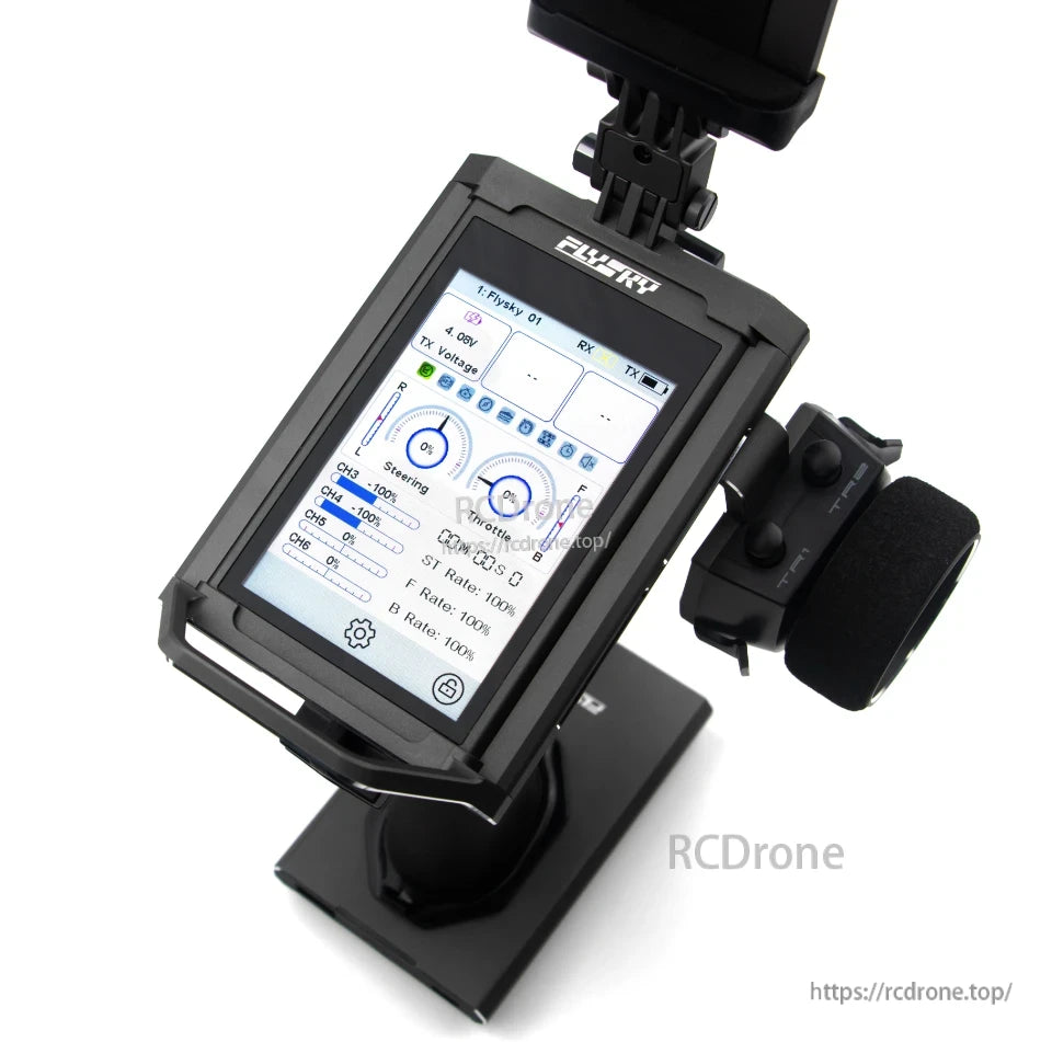 Touchscreen interface close-up showing transmitter settings menu and control channels display