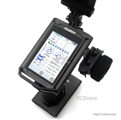 Touchscreen interface close-up showing transmitter settings menu and control channels display