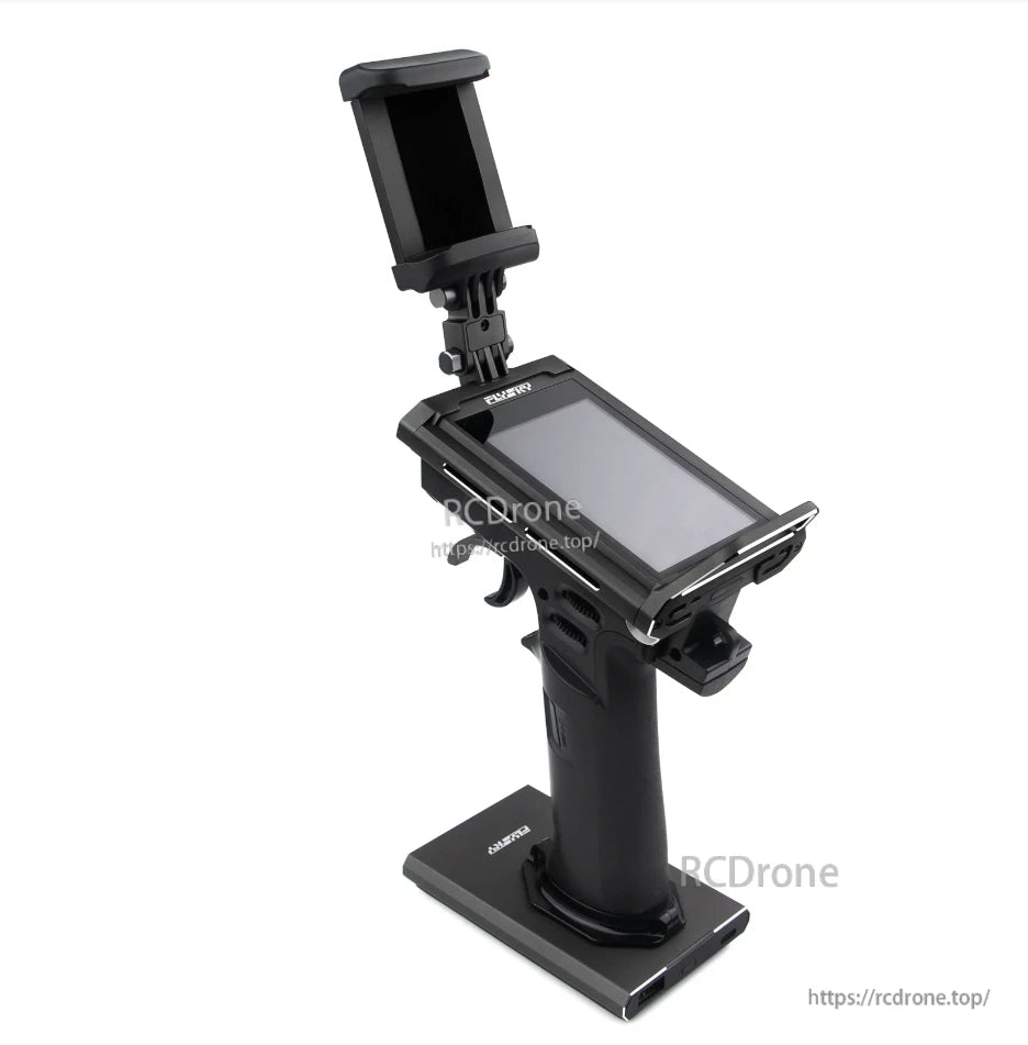 Transmitter rear-left view with raised phone holder above the screen and pistol-grip handle