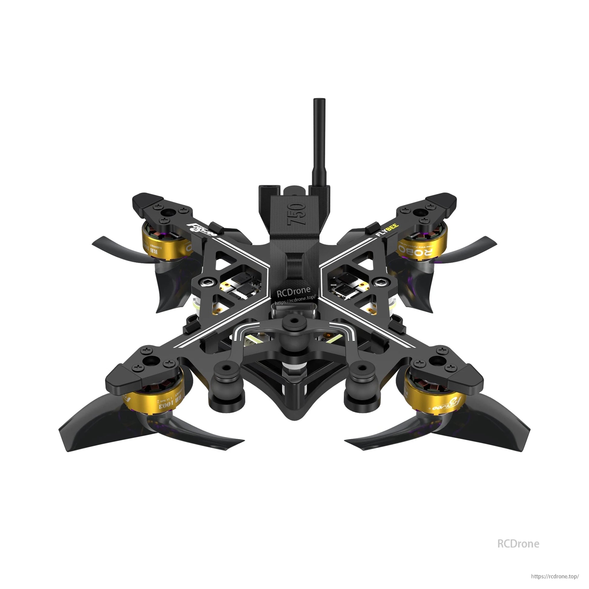Flybee 16 HD O4 2S Ultralight FPV, Flybee 16 ultralight 2S FPV quadcopter with 1.6-inch tri-blade props, gold brushless motors, carbon frame, and vertical antenna