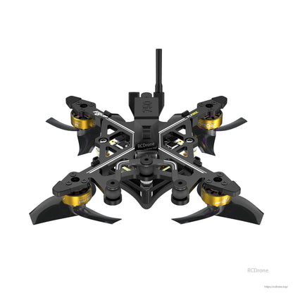 Flybee 16 HD O4 2S Ultralight FPV, Flybee 16 ultralight 2S FPV quadcopter with 1.6-inch tri-blade props, gold brushless motors, carbon frame, and vertical antenna