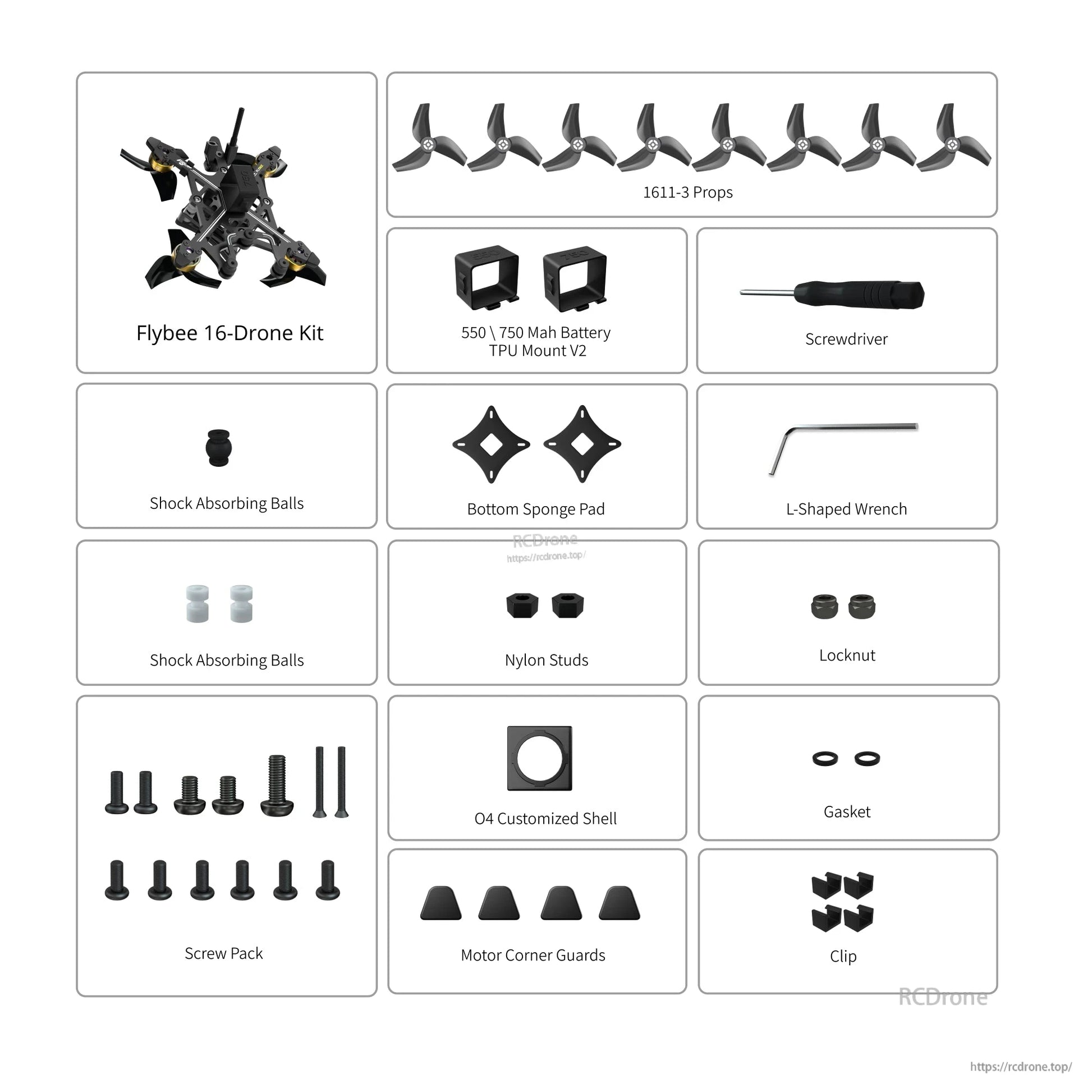 Flybee 16 HD O4 2S ultralight FPV drone kit contents with 1611-3 props, tools, mounts, screws and spares