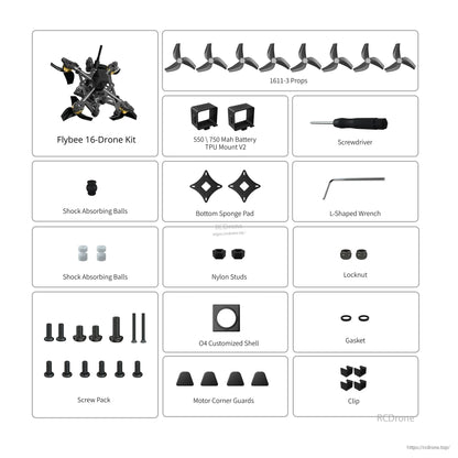 Flybee 16 HD O4 2S ultralight FPV drone kit contents with 1611-3 props, tools, mounts, screws and spares