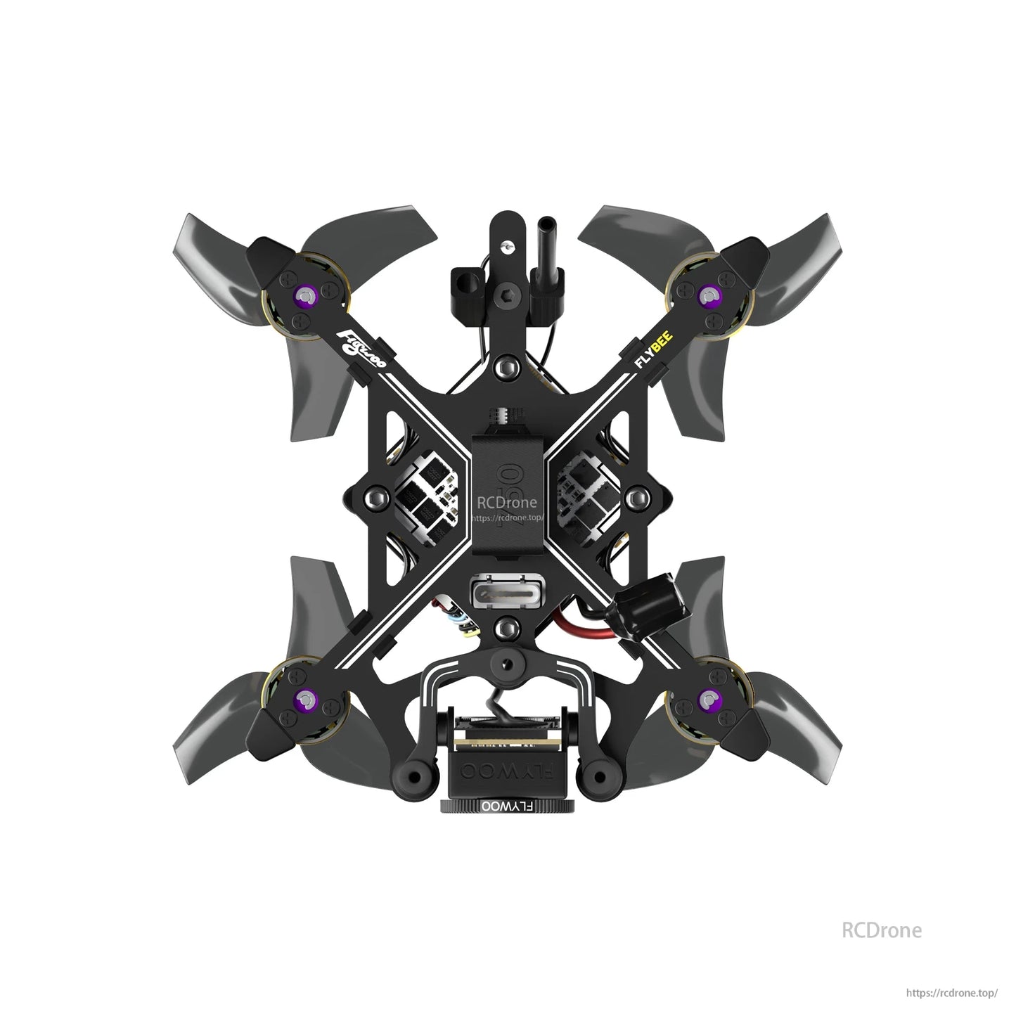Flybee 16 HD O4 2S ultralight FPV quadcopter top view with 3-blade props, X-frame, and battery mount