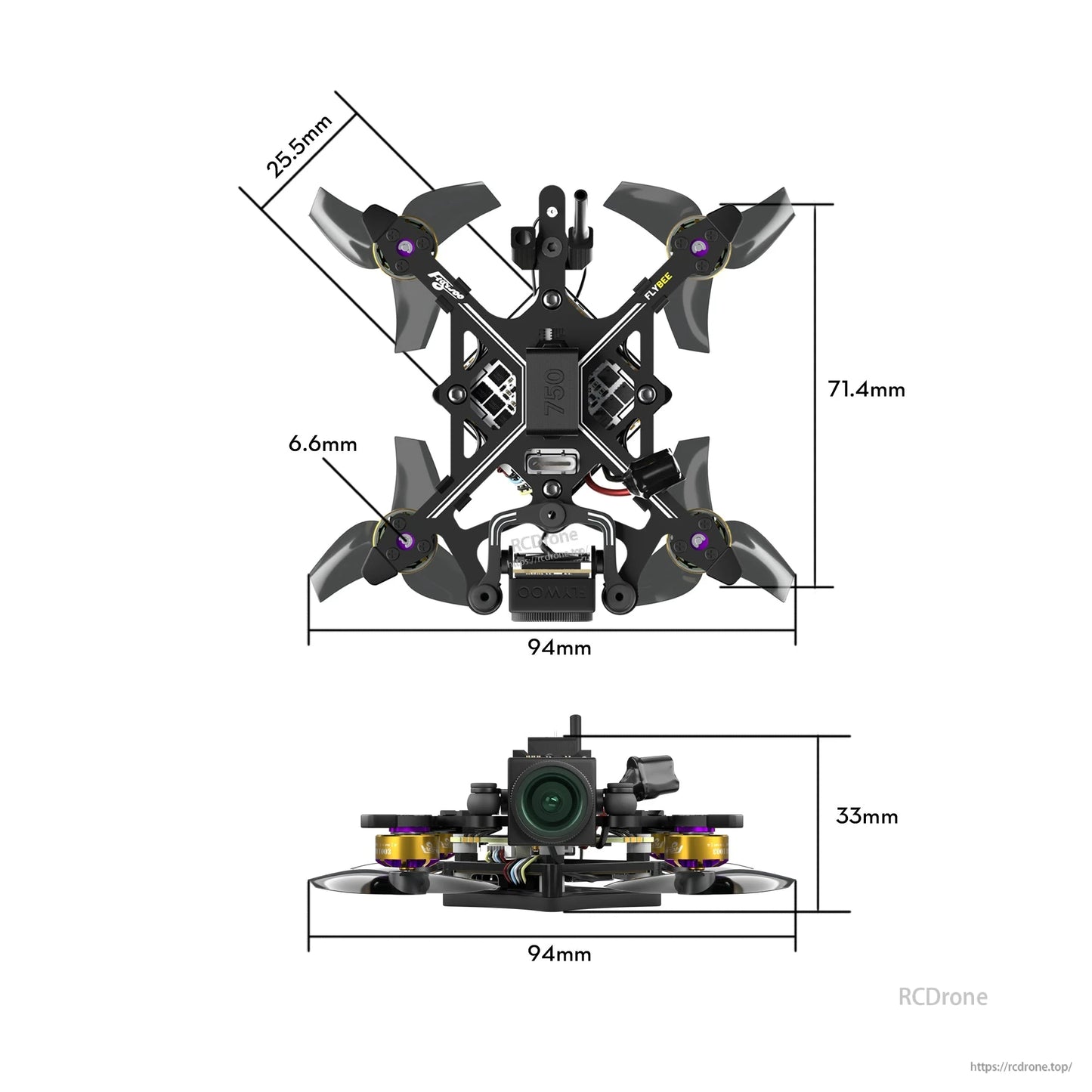 Flybee 16 HD O4 2S ultralight FPV drone frame with four props, front camera, and 94mm x 71.4mm dimensions