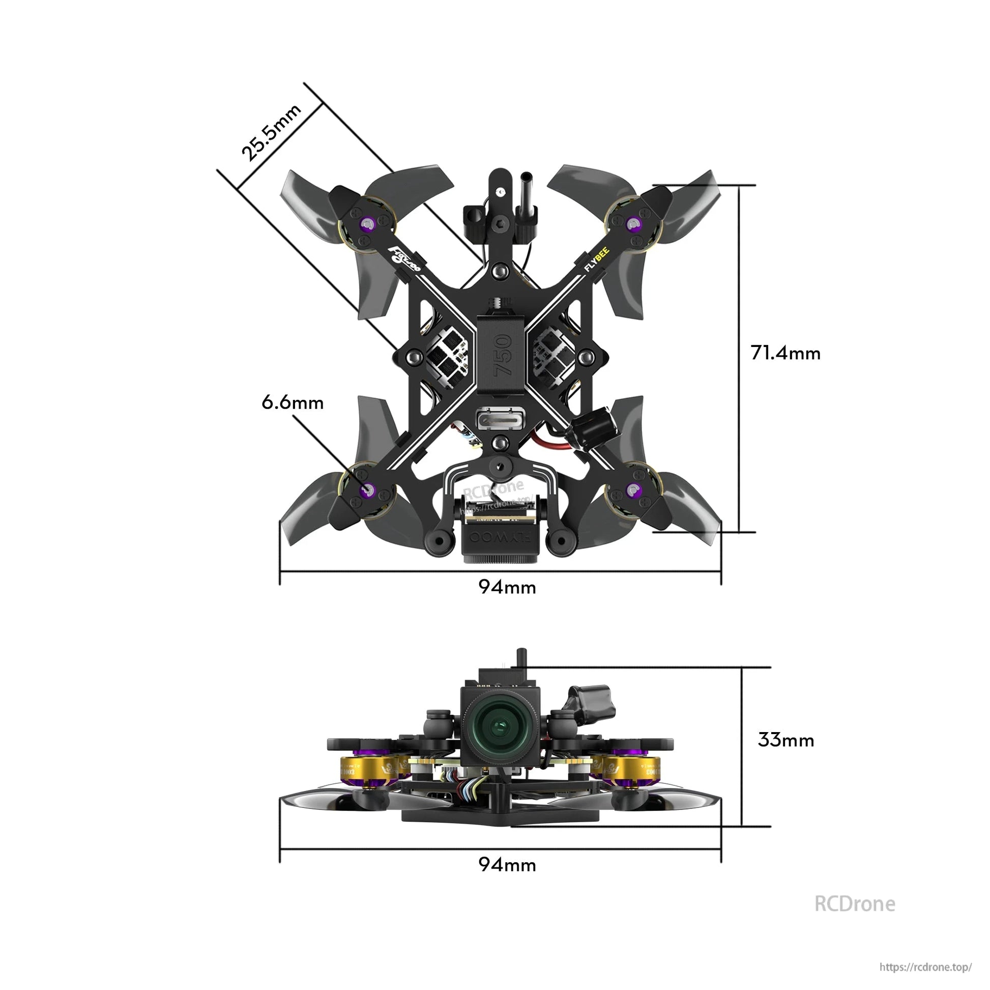 Flybee 16 HD O4 2S ultralight FPV drone frame with four props, front camera, and 94mm x 71.4mm dimensions