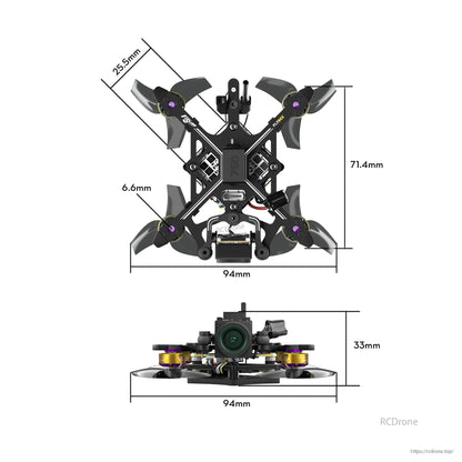 Flybee 16 HD O4 2S ultralight FPV drone frame with four props, front camera, and 94mm x 71.4mm dimensions