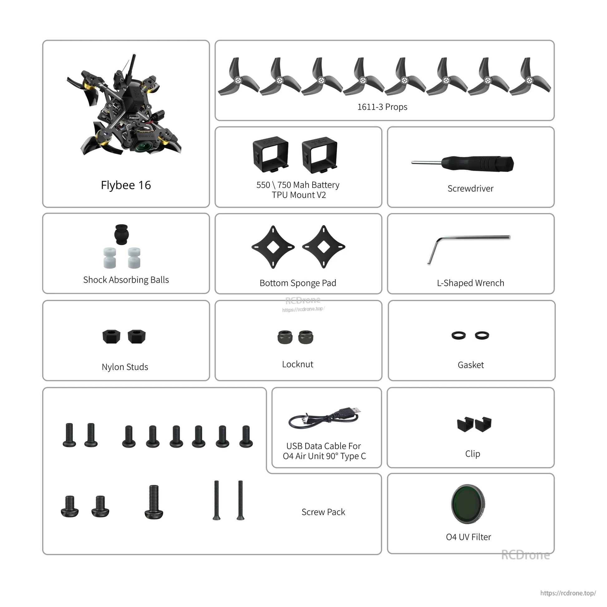 Flybee 16 HD O4 2S ultralight FPV drone kit with 1611-3 props, TPU mounts, tools, screws, and O4 UV filter