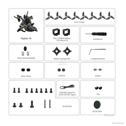 Flybee 16 HD O4 2S ultralight FPV drone kit with 1611-3 props, TPU mounts, tools, screws, and O4 UV filter