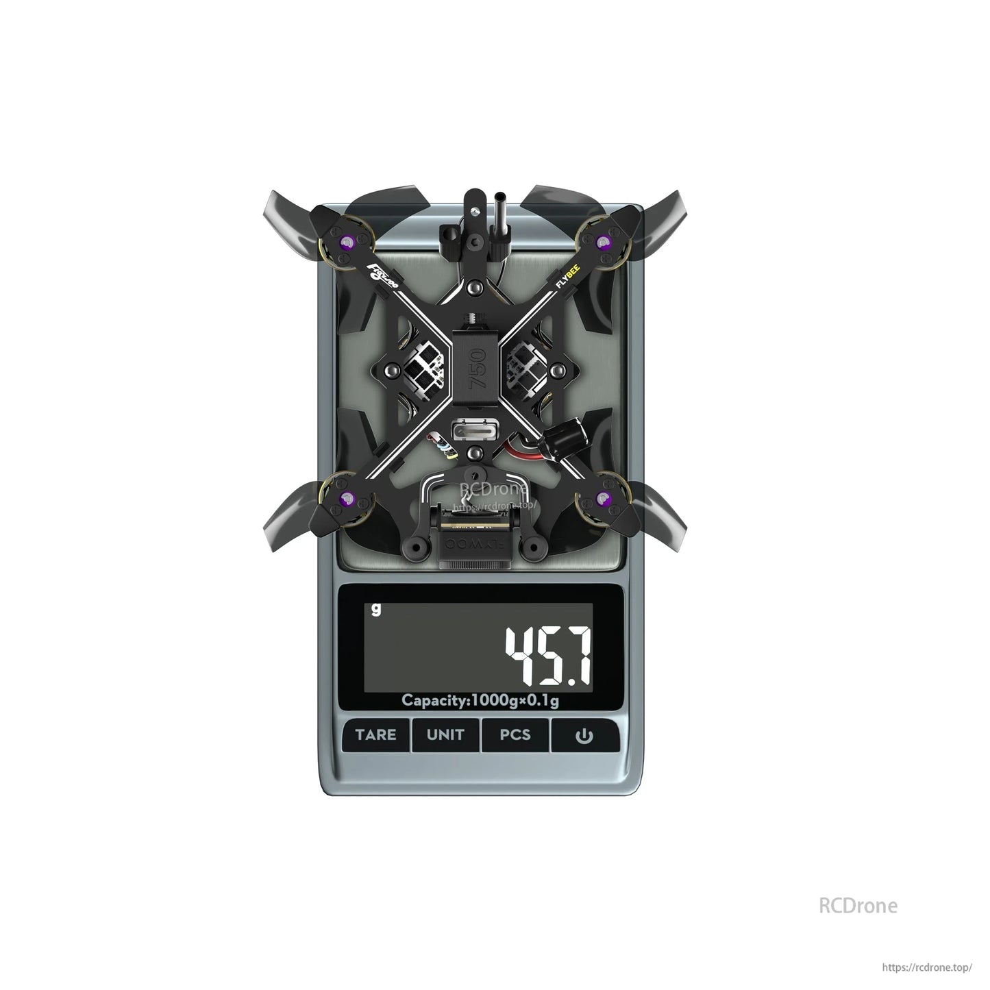 Flybee 16 HD O4 2S Ultralight FPV, Flybee 16 HD O4 ultralight FPV drone on a digital scale, showing a weight reading of 45.7 g