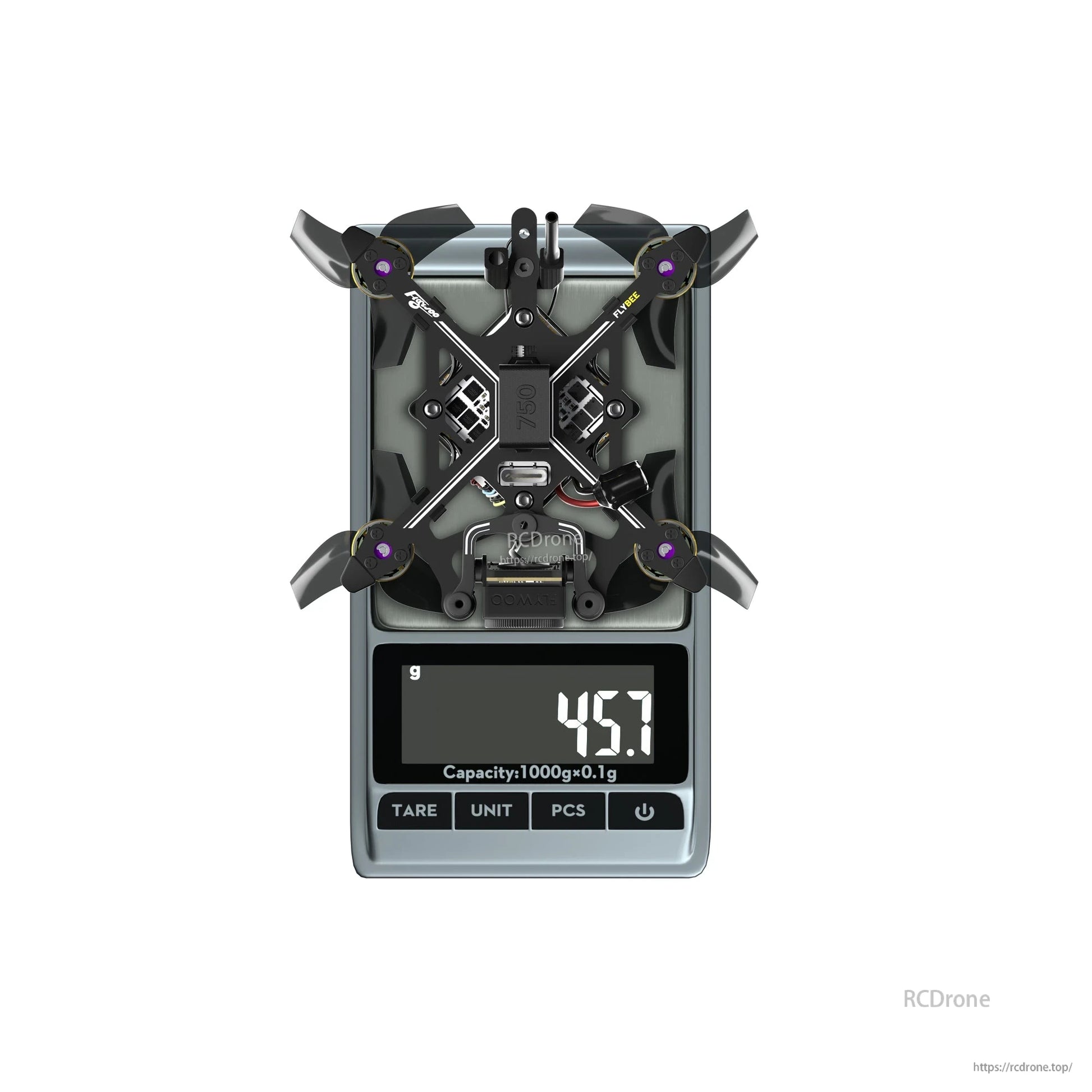 Flybee 16 HD O4 2S Ultralight FPV, Flybee 16 HD O4 ultralight FPV drone on a digital scale, showing a weight reading of 45.7 g