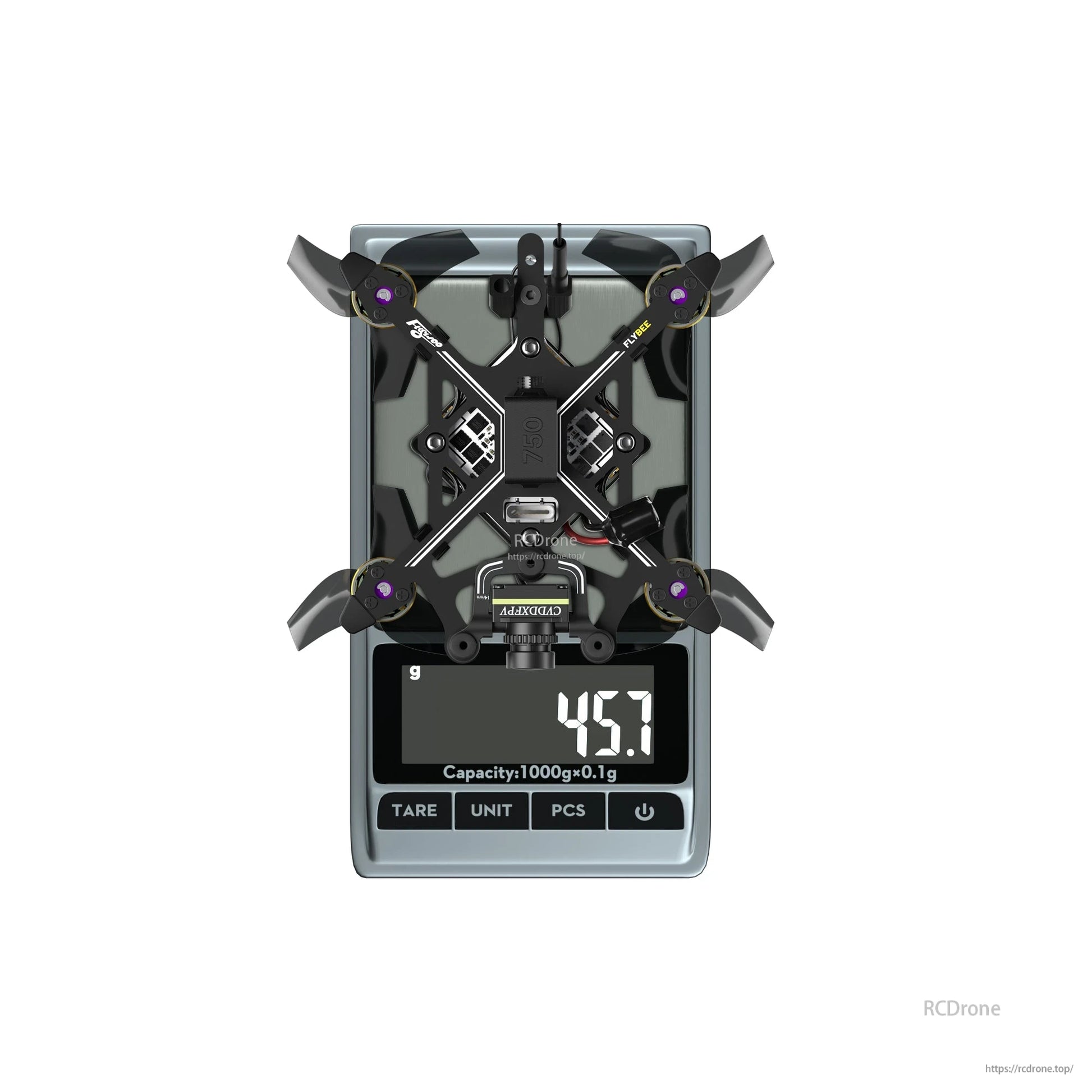 Top-down view of Flybee 16 HD Walksnail 2S ultralight FPV quadcopter on a digital scale reading 45.7 g
