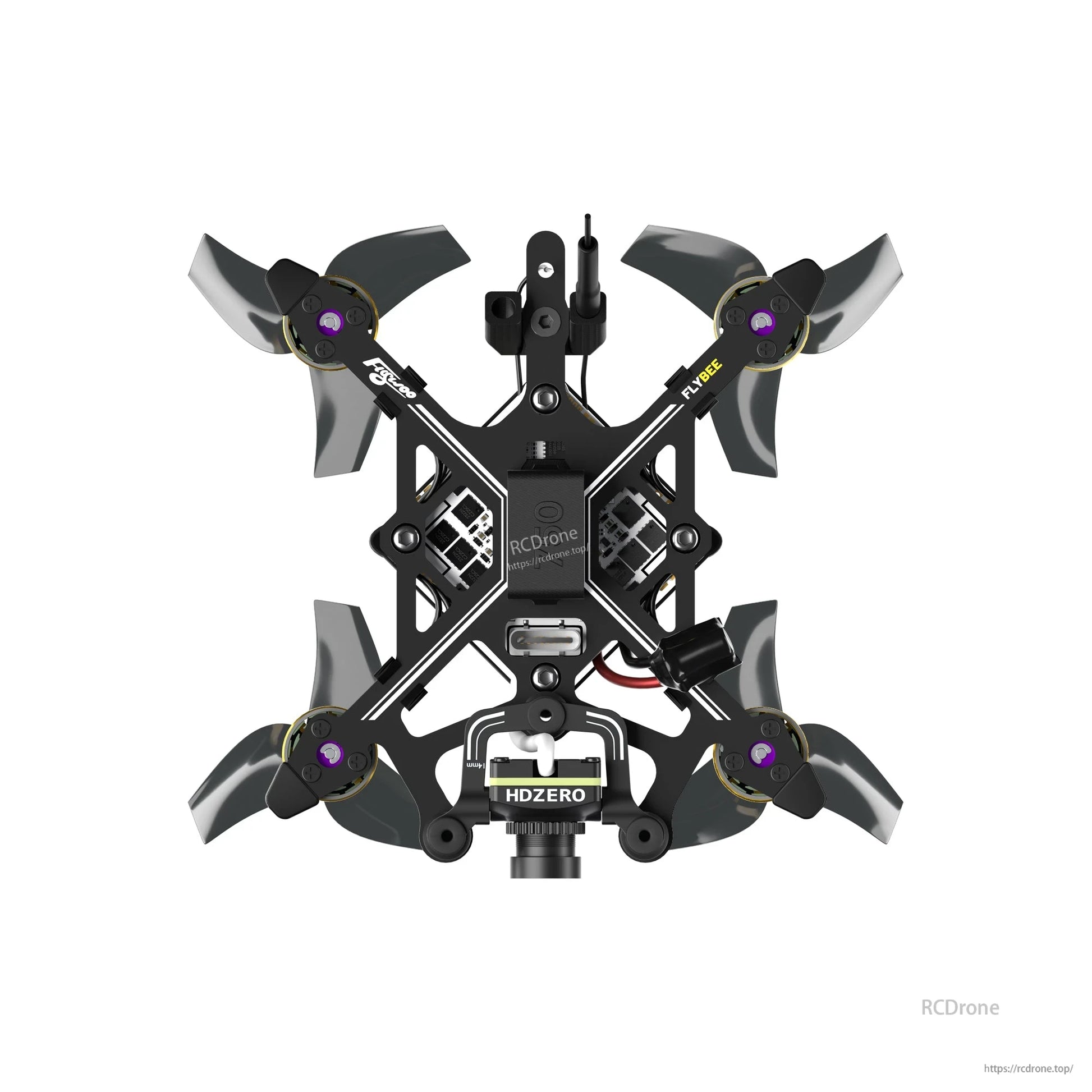 Flybee 16 HDZero 2S Ultralight FPV, Top view of Flybee 16 ultralight FPV quadcopter with four props and HDZero camera on the front mount