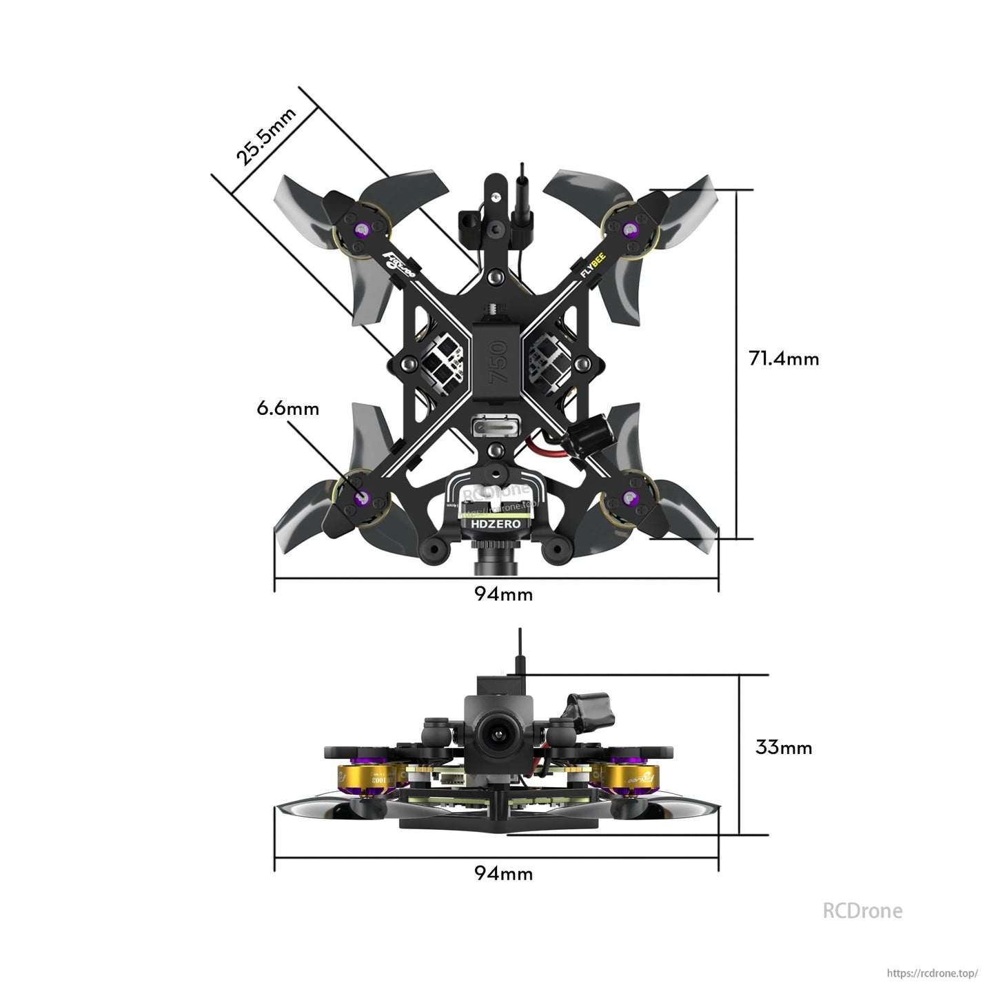Flybee 16 HDZero 2S ultralight FPV quadcopter with ducted props and labeled 94mm frame size