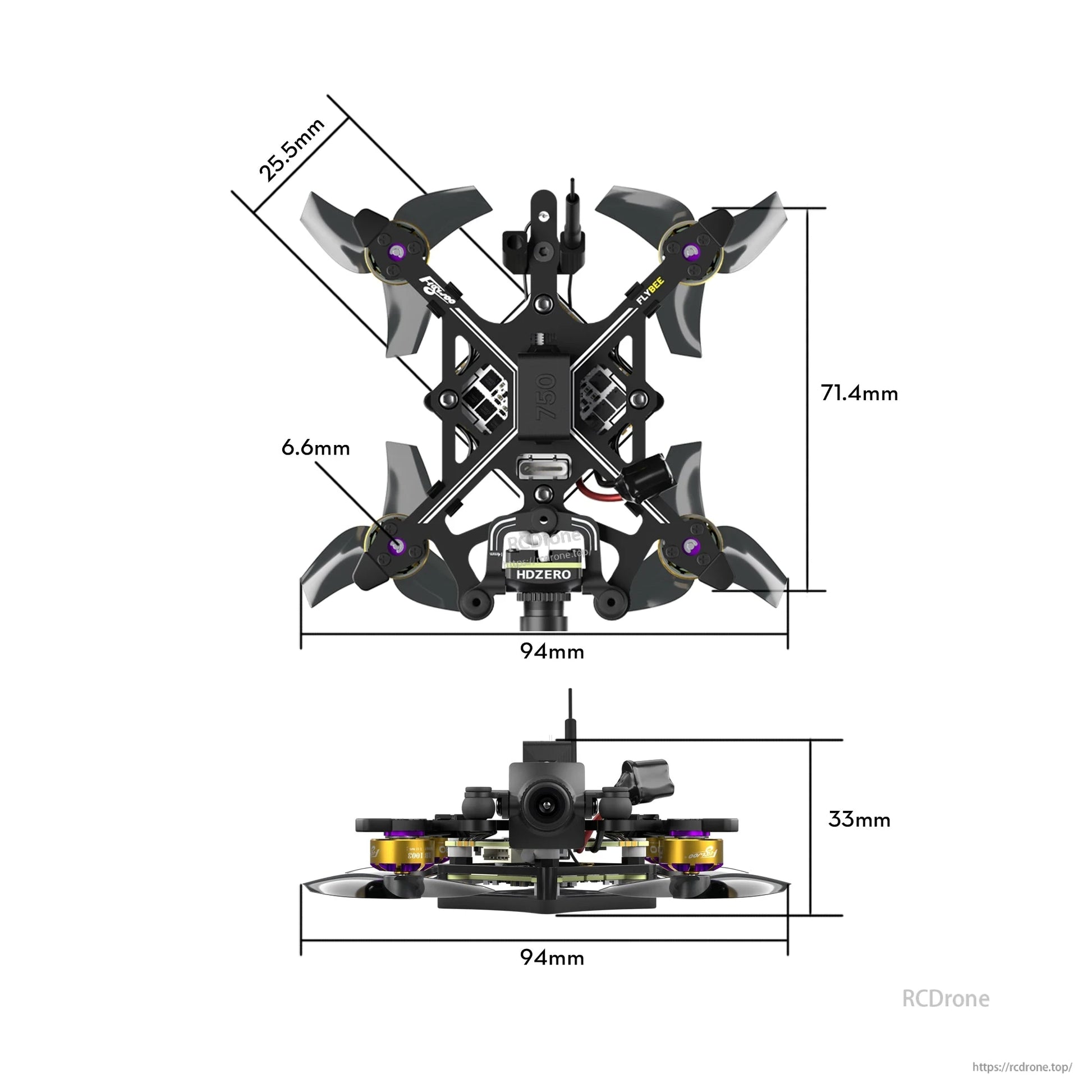 Flybee 16 HDZero 2S ultralight FPV quadcopter with ducted props and labeled 94mm frame size