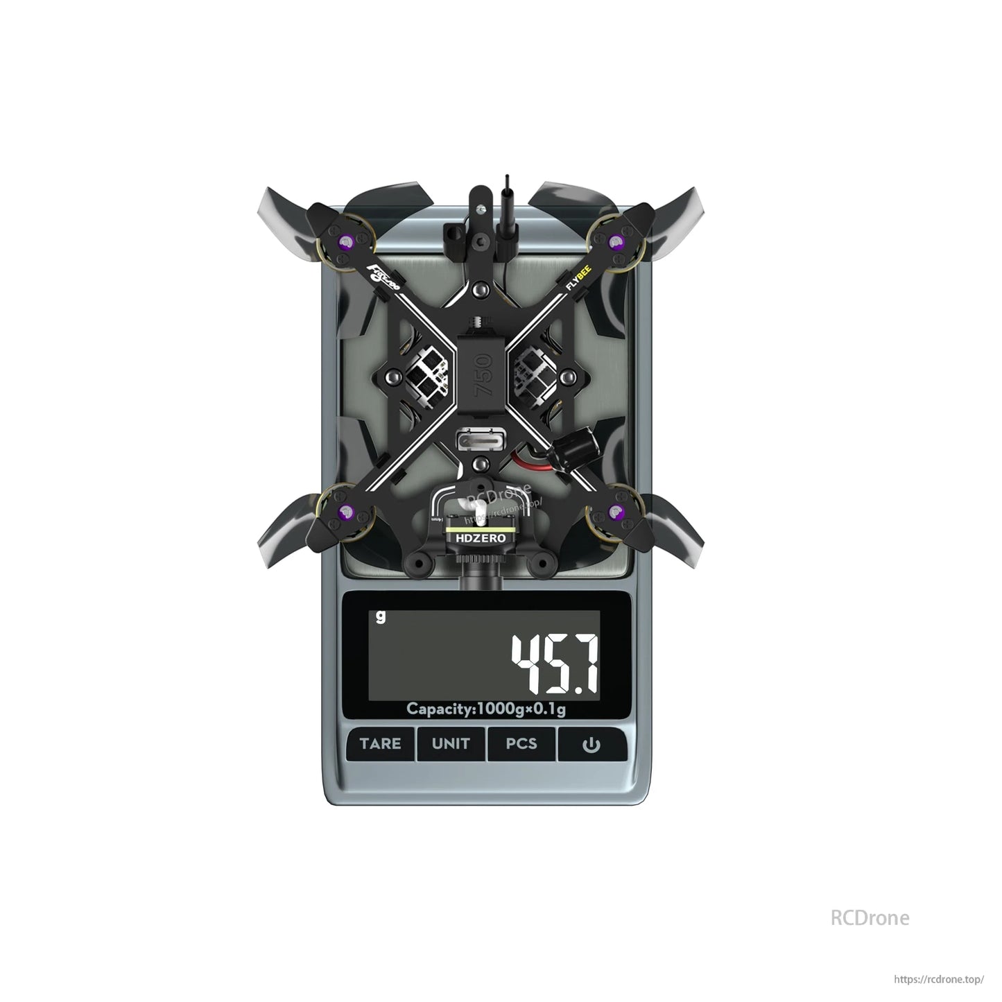 Flybee 16 HDZero 2S Ultralight FPV, Flybee 16 HDZero ultralight FPV quadcopter on a digital scale with the display reading 45.7 g