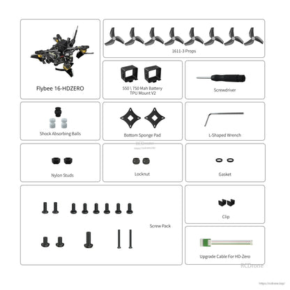 Flybee 16 HDZero 2S Ultralight FPV, Flybee 16 HDZero FPV quad kit with 1611-3 props, 550mAh 2S battery mount, tools, screws, and cable
