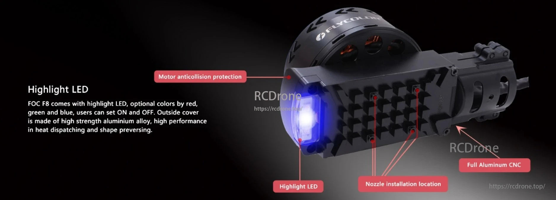 Flycolor FlyDragon FOC F8 Motor, The Flycolor FlyDragon F8 Motor features LED lighting, anticollision protection, nozzle installation, and durable full aluminum CNC construction for high performance.