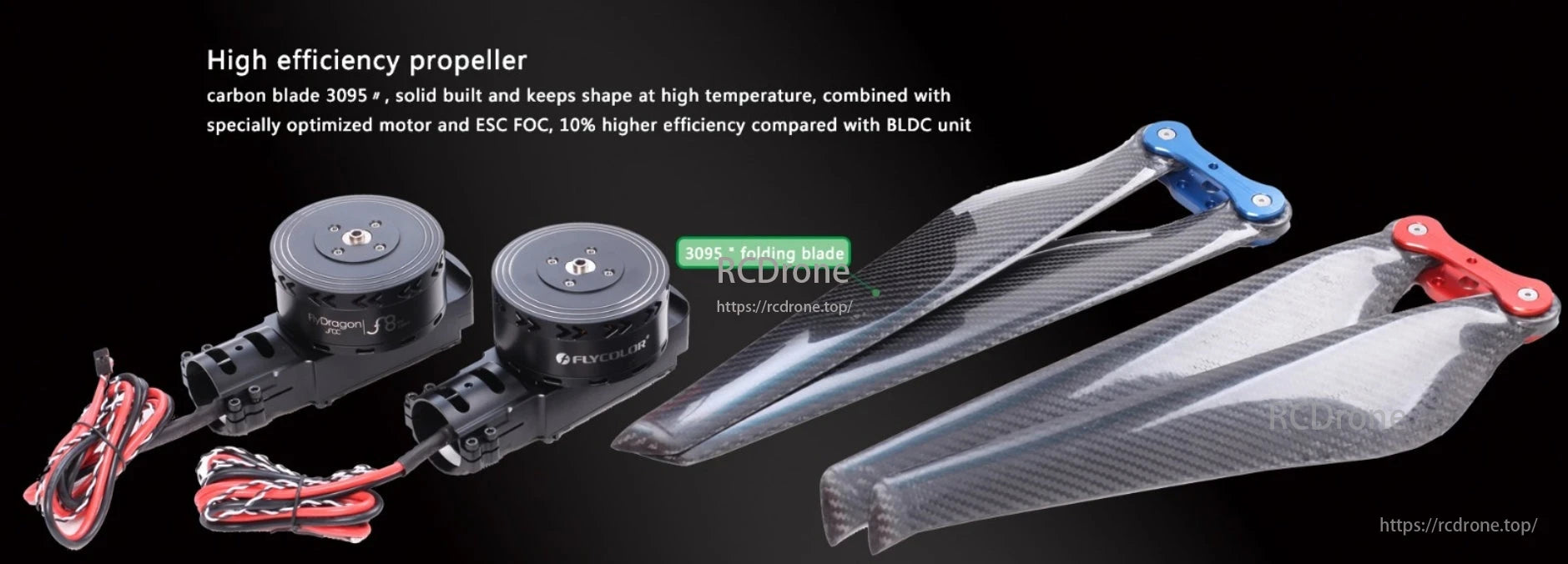 Flycolor FlyDragon FOC F8 motor with 3095 folding carbon blades offers high efficiency and temperature resistance.