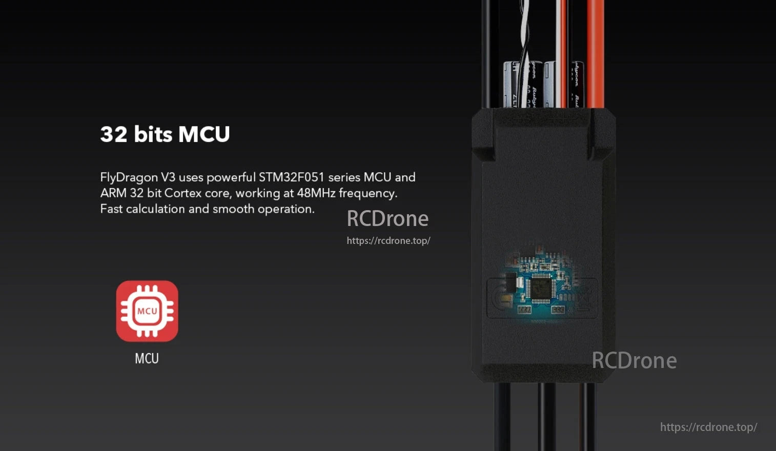 Flycolor FlyDragon V3 80A ESC, Flycolor FlyDragon V3 ESC has a 32-bit MCU with a STM32F103ZE microcontroller and ARM Cortex-M3 core running at 48 MHz.