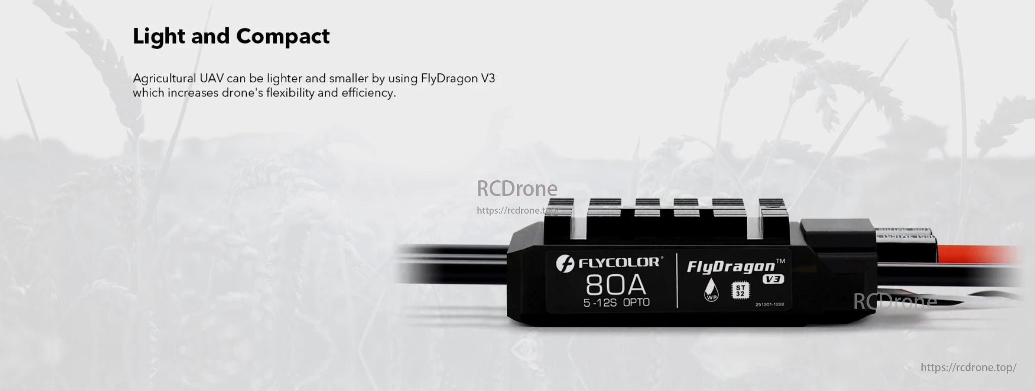Flycolor FlyDragon V3 80A ESC is lightweight, compact, ideal for agricultural UAVs, boosts flexibility and efficiency with 5-12S OPTO.