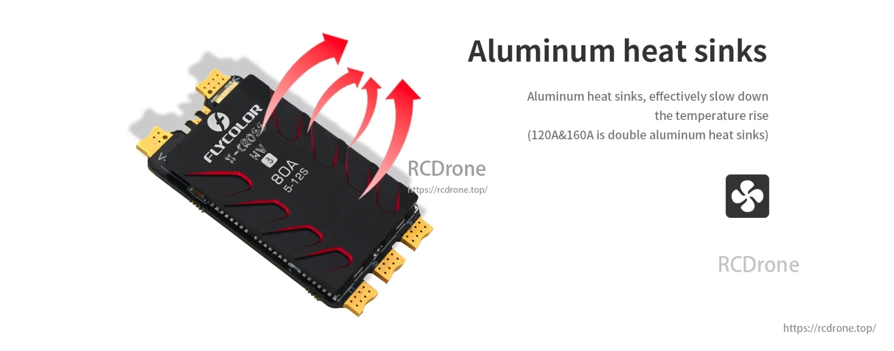 Flycolor X-Cross HV3 5-12S 60A/80A/120A/160A ESC, Flycolor X-Cross HV3 ESC features aluminum heat sinks for efficient cooling.