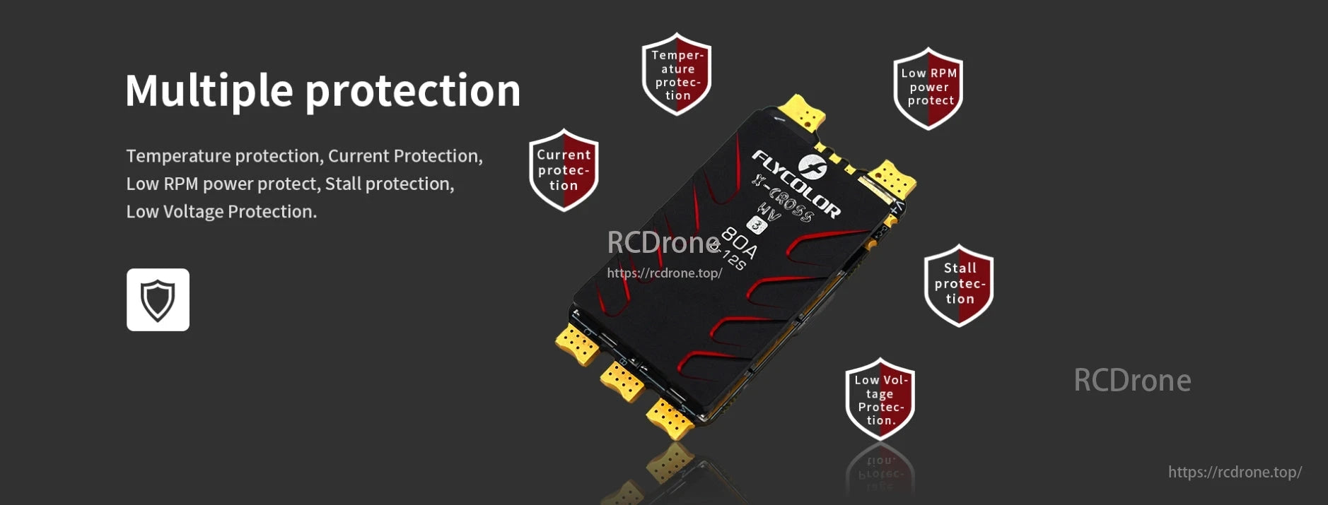 Flycolor X-Cross HV3 5-12S 60A/80A/120A/160A ESC, The Flycolor X-Cross HV3 ESC provides multiple protections and is available in 60A, 80A, 120A, and 160A variants.