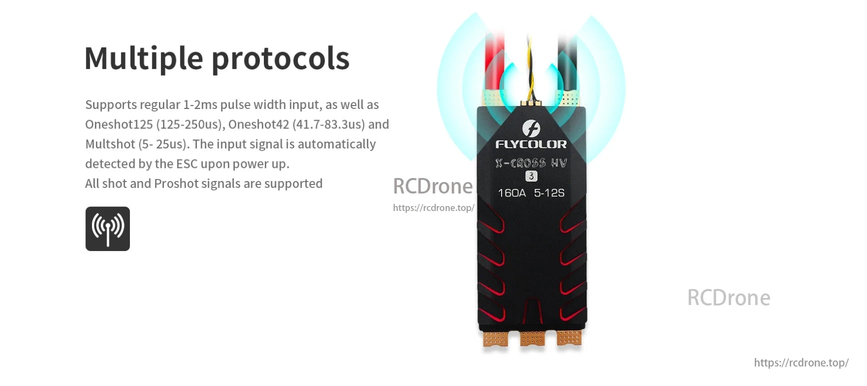 Flycolor X-Cross HV3 5-12S 60A/80A/120A/160A ESC, Flycolor X-Cross HV3 ESC supports 5-12S, multiple protocols including Oneshot125, Oneshot42, Multishot, automatically detects input signals, and supports All shot and Proshot.