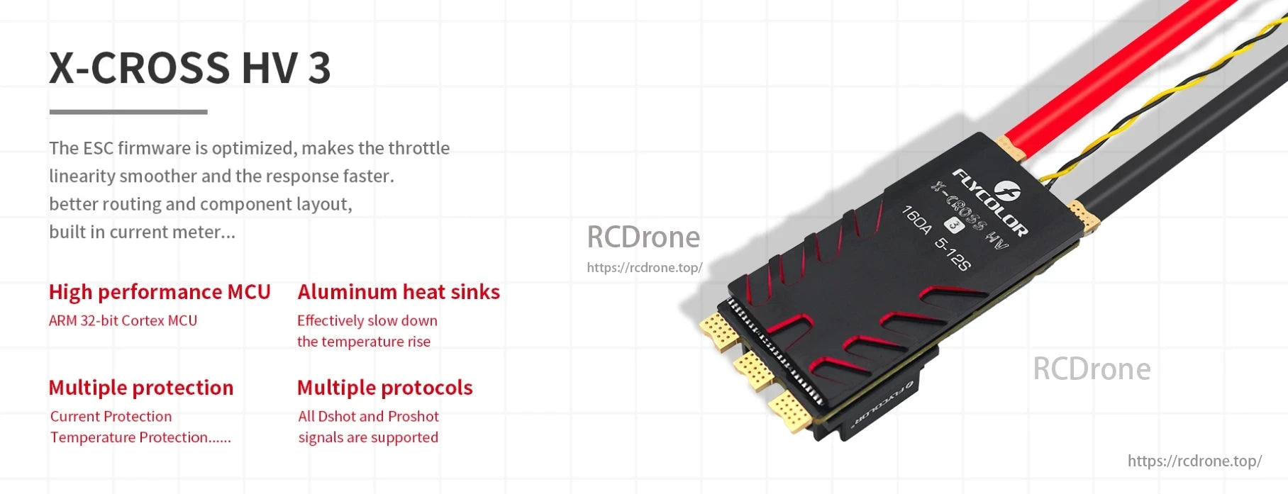 Flycolor X-Cross HV3 5-12S 60A/80A/120A/160A ESC, Flycolor X-Cross HV3 ESC features optimized firmware, enhanced layout, built-in current meter, ARM 32-bit MCU, effective cooling, multiple protections, supports Dshot/Proshot, available in 60A-160A for 5-12S.