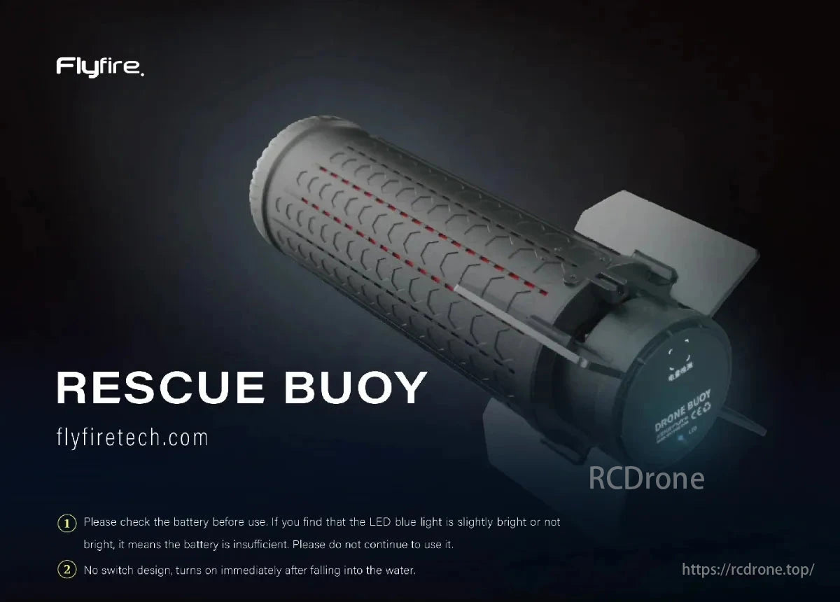 Flyfire Drone Active Rescue Buoy, Flyfire Rescue Buoy: Check battery before use, activates on water contact, no switch. Visit flyfiretech.com for details.