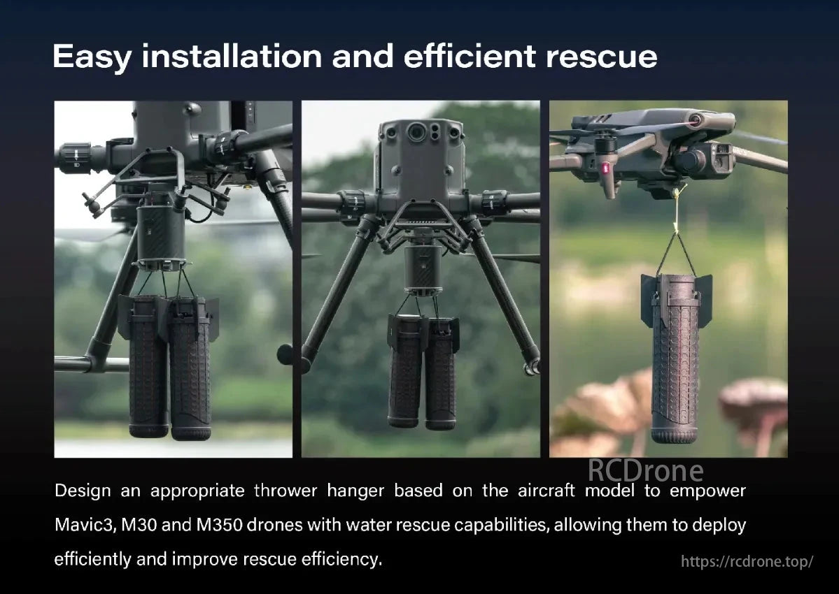 Flyfire Drone Active Rescue Buoy, A thrower hanger designed for Mavic3, M30, and M350 drones enables easy installation and efficient water rescue.