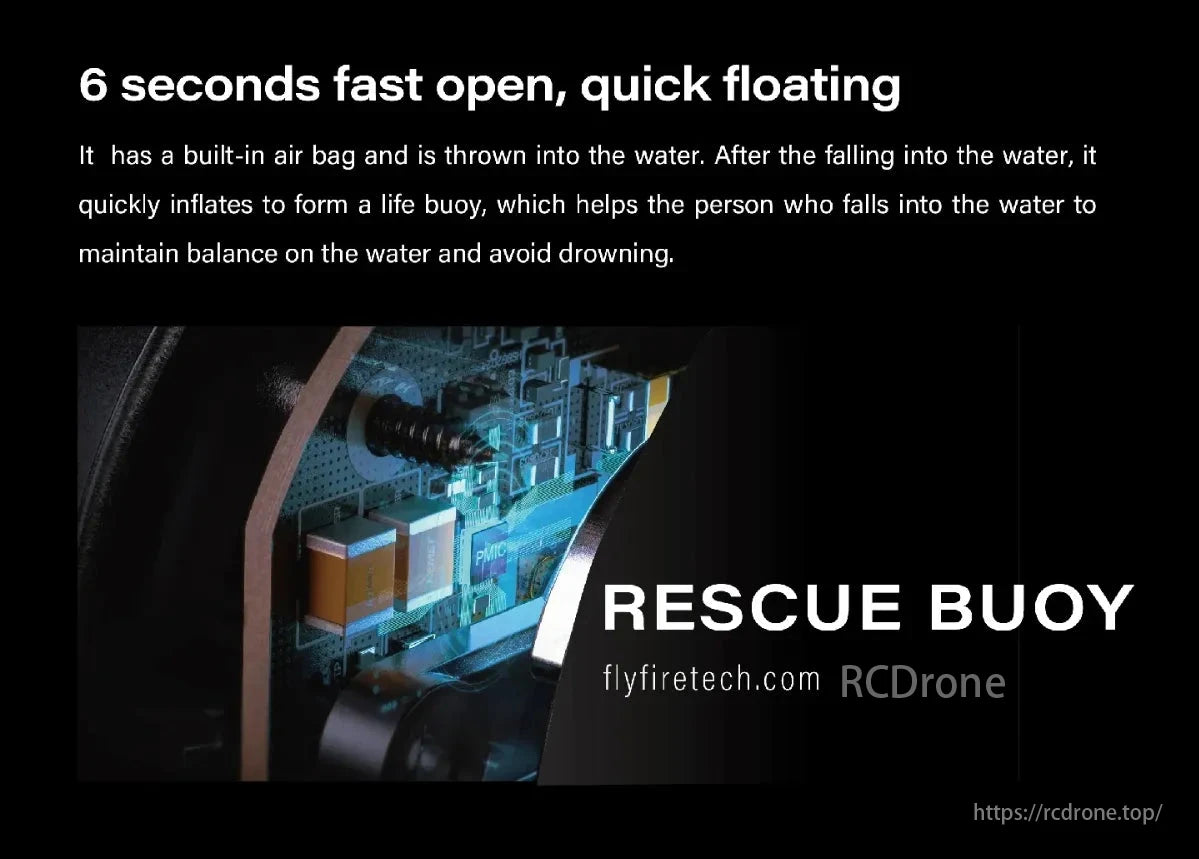 Flyfire Drone Active Rescue Buoy, Quick-deploy drone with a 6-second fast open feature; upon water contact, the built-in airbag inflates to assist balance and prevent drowning.