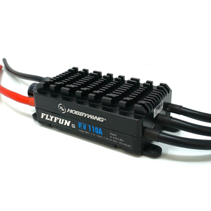 Hobbywing FLYFUN V5 110A HV ESC, Hobbywing FlyFun V5 110A HV brushless ESC with finned heatsink, mounted case, and thick power leads