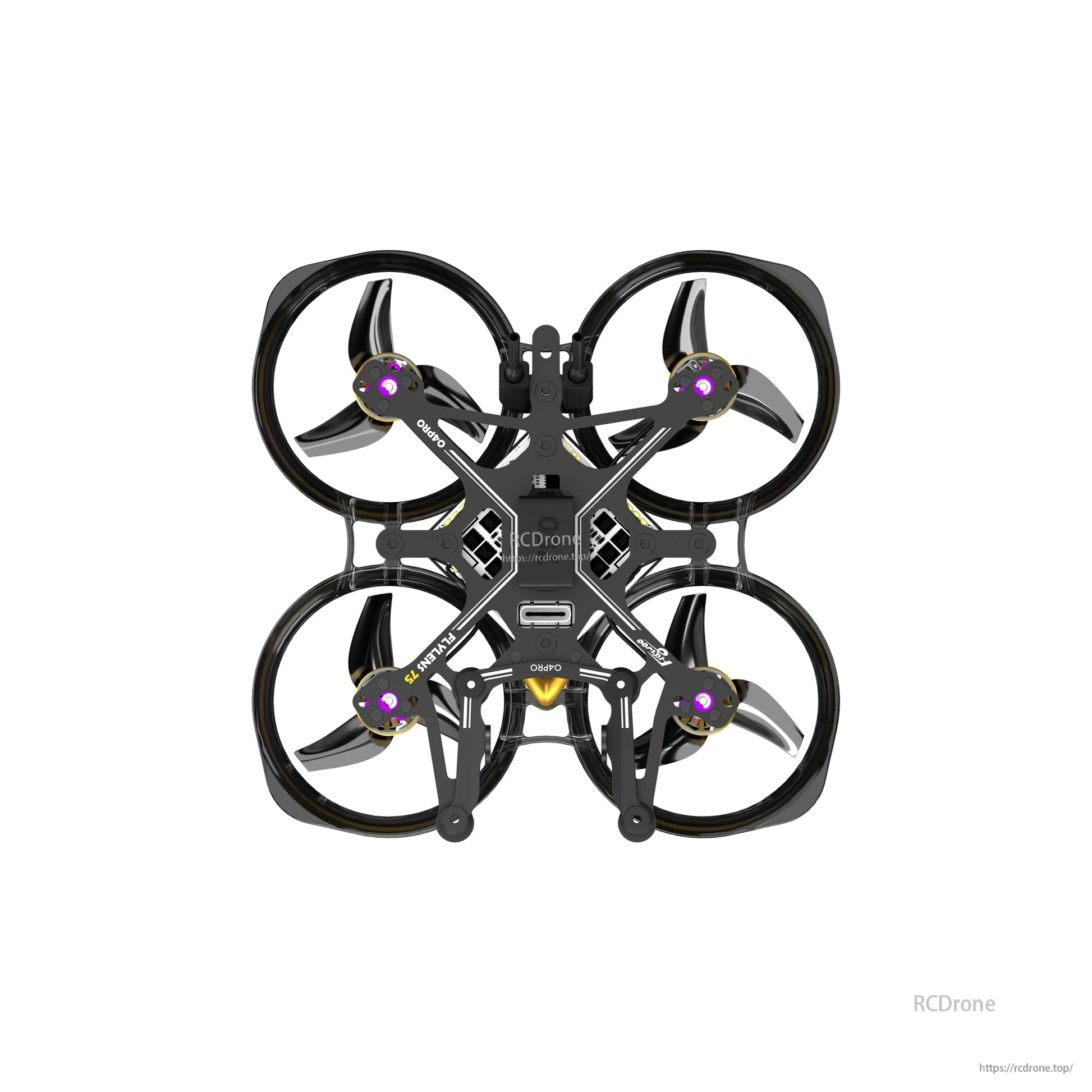 Flylens 75 HD O4 Wide 2S Whoop FPV, Top view of Flylens 75 HD O4 2S whoop FPV drone with ducted prop guards and USB-C port
