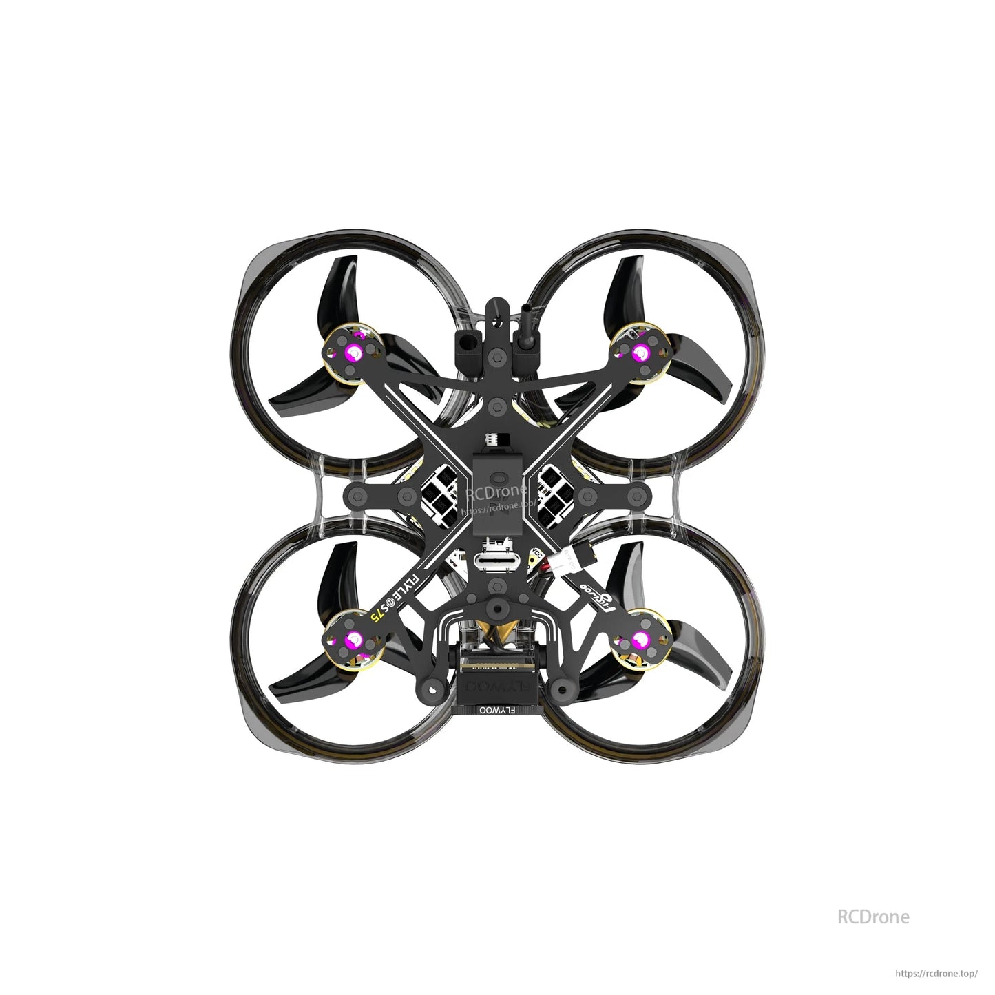 Flylens 75 HD O4 Wide 2S Whoop FPV, Top-down view of Flylens 75 whoop FPV drone with four ducted prop guards and compact black frame