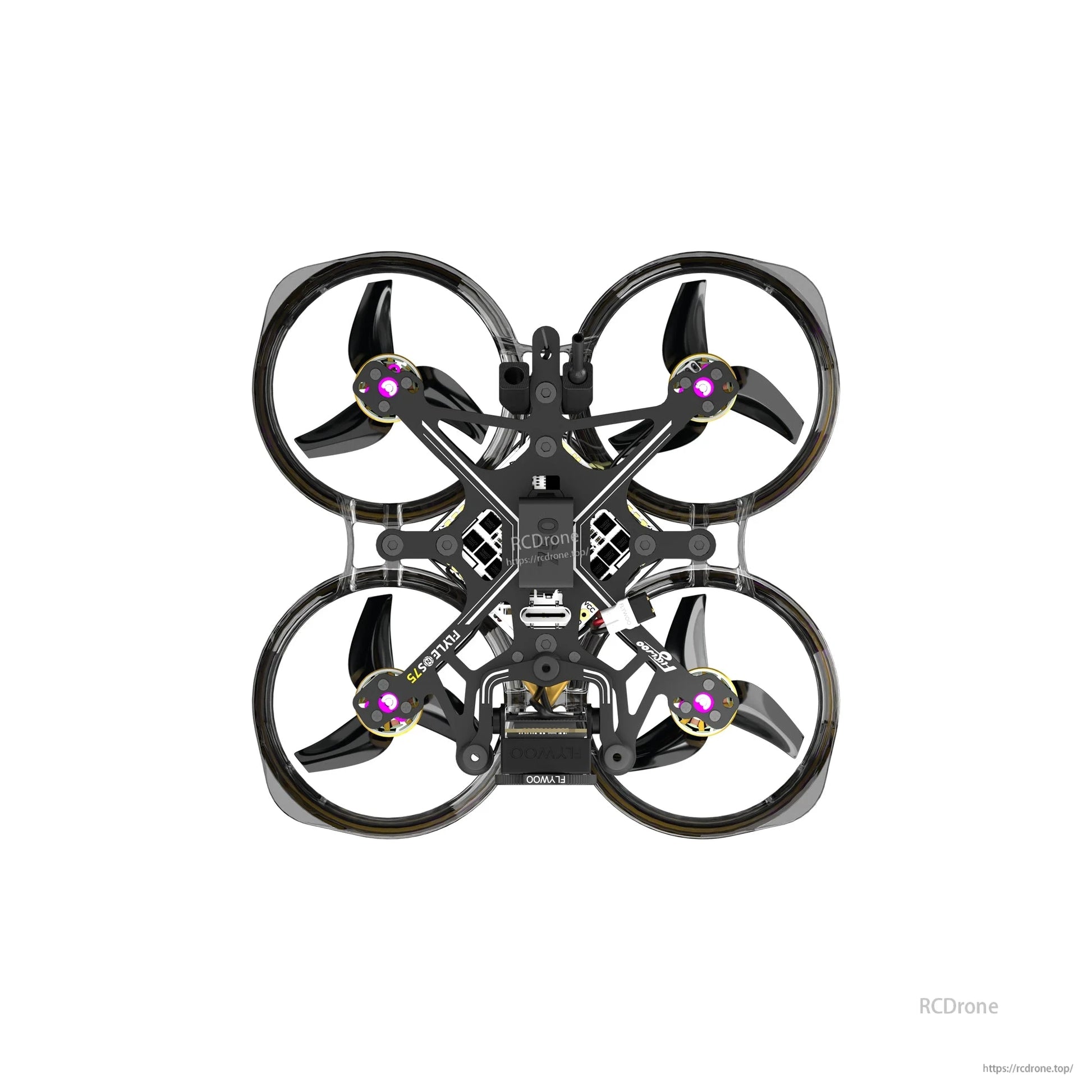 Flylens 75 HD O4 Wide 2S Whoop FPV, Top-down view of Flylens 75 whoop FPV drone with four ducted prop guards and compact black frame