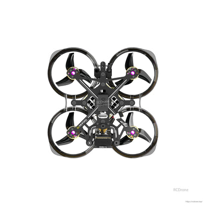 Flylens 75 HD O4 Wide 2S Whoop FPV, Top-down view of Flylens 75 whoop FPV drone with four ducted prop guards and compact black frame
