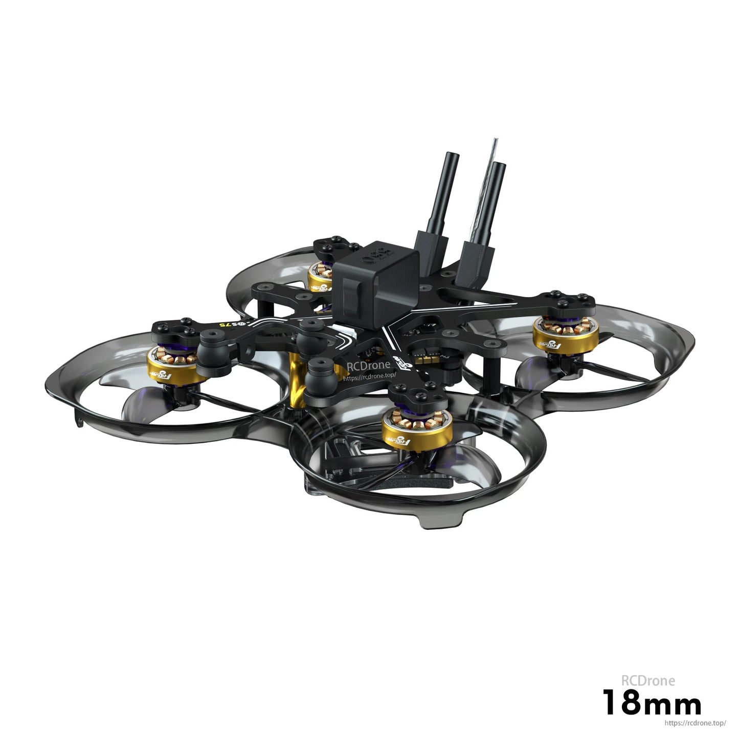 Flylens 75 HD O4 Wide 2S Whoop FPV, Flylens 75 HD O4 wide FPV whoop quadcopter with ducted prop guards, four motors, and dual antennas