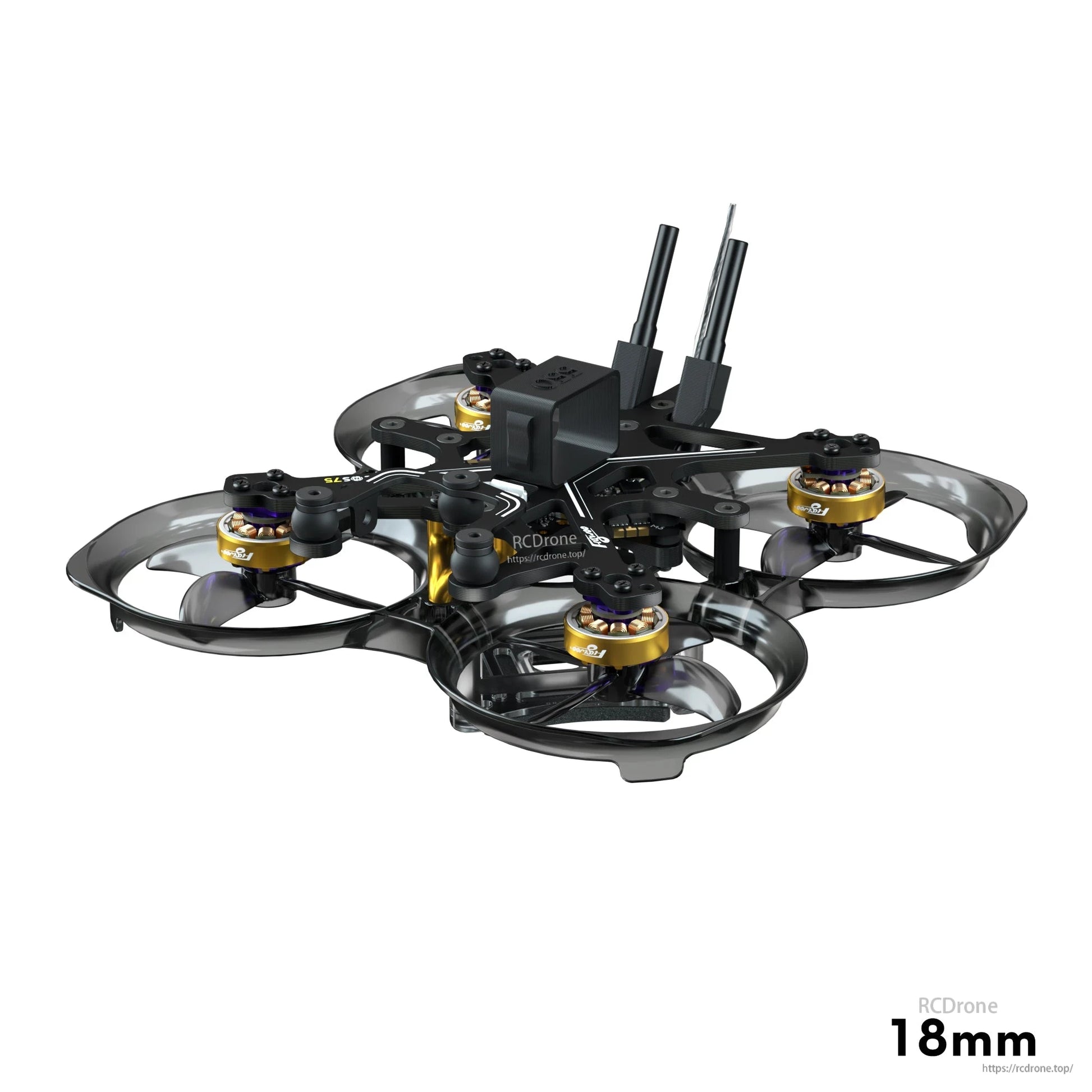 Flylens 75 HD O4 Wide 2S Whoop FPV, Flylens 75 HD O4 wide FPV whoop quadcopter with ducted prop guards, four motors, and dual antennas