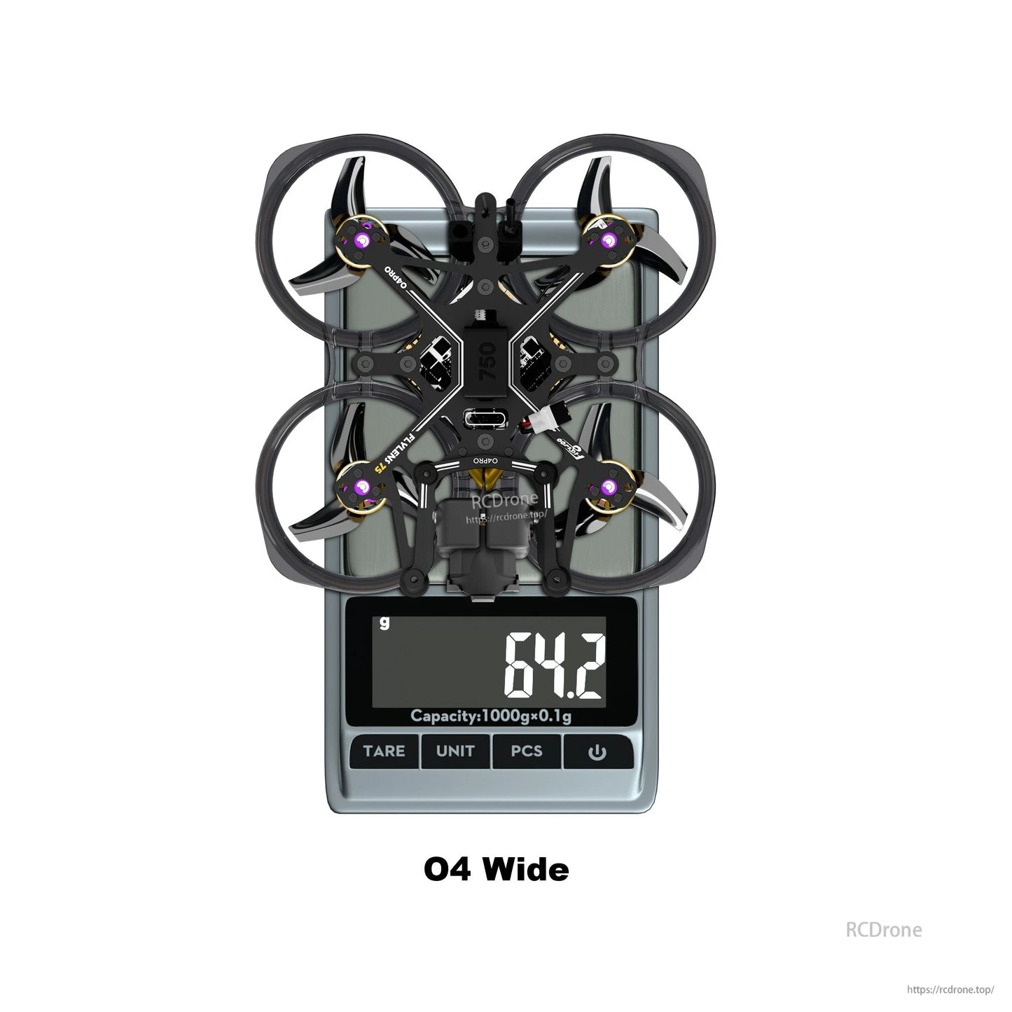 Flylens 75 HD O4 Wide 2S Whoop FPV, Flylens 75 HD O4 Wide whoop FPV drone on a digital scale with a 64.2 g weight reading