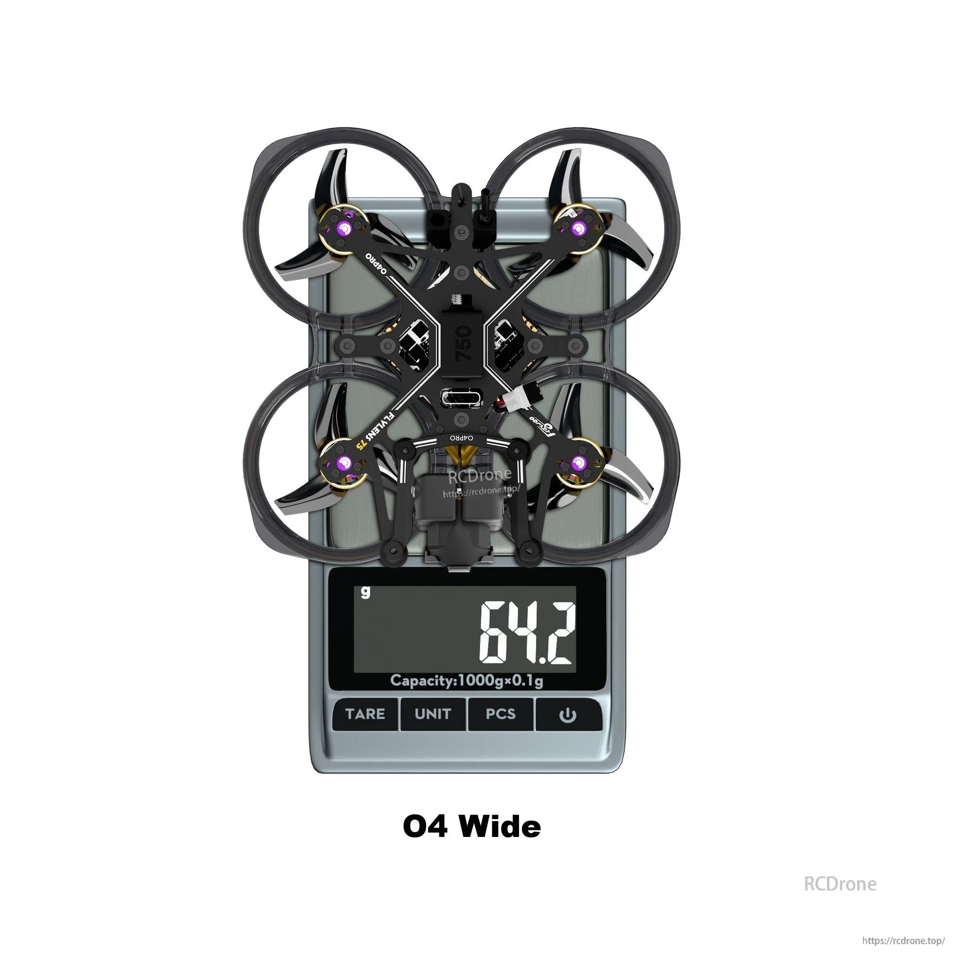 Flylens 75 HD O4 Wide 2S Whoop FPV, Flylens 75 HD O4 Wide whoop FPV drone on a digital scale with a 64.2 g weight reading