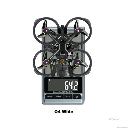 Flylens 75 HD O4 Wide 2S Whoop FPV, Flylens 75 HD O4 Wide whoop FPV drone on a digital scale with a 64.2 g weight reading