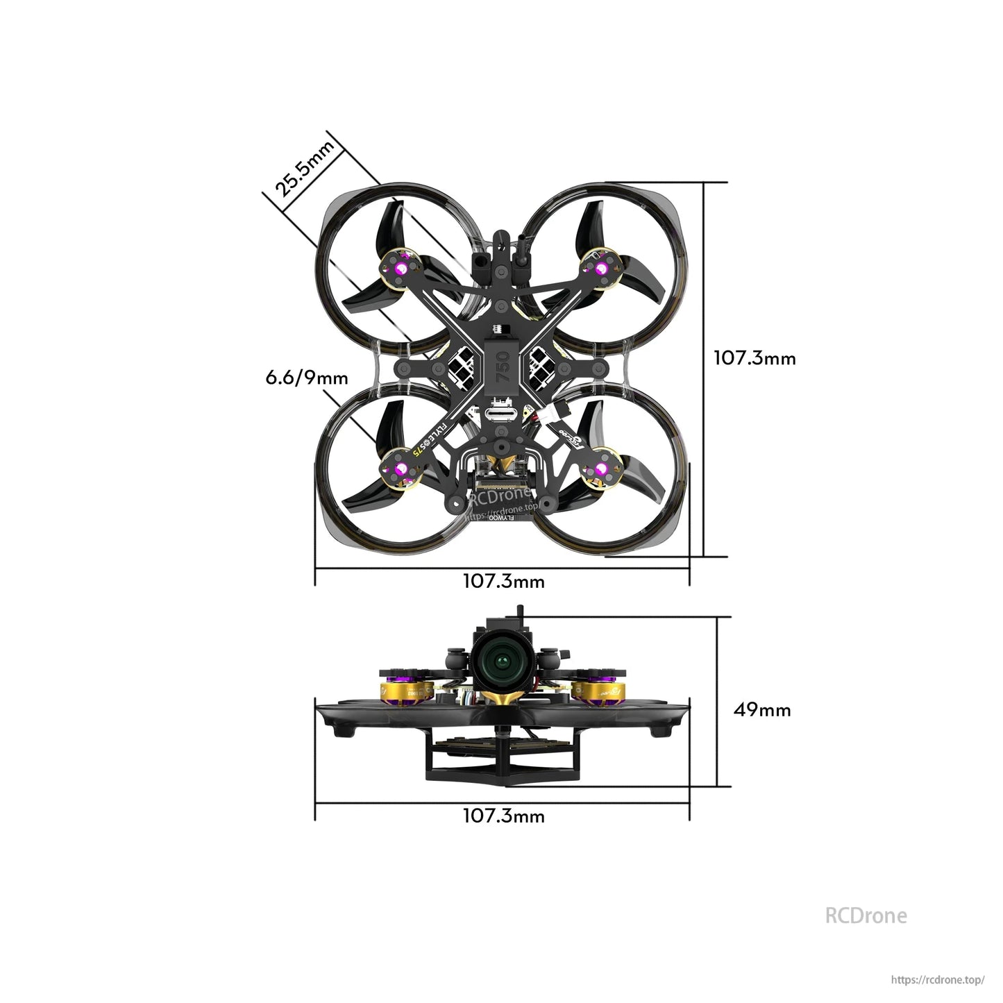Flylens 75 HD O4 wide 2S whoop FPV drone with ducted props and camera, 107.3mm x 107.3mm, 49mm tall