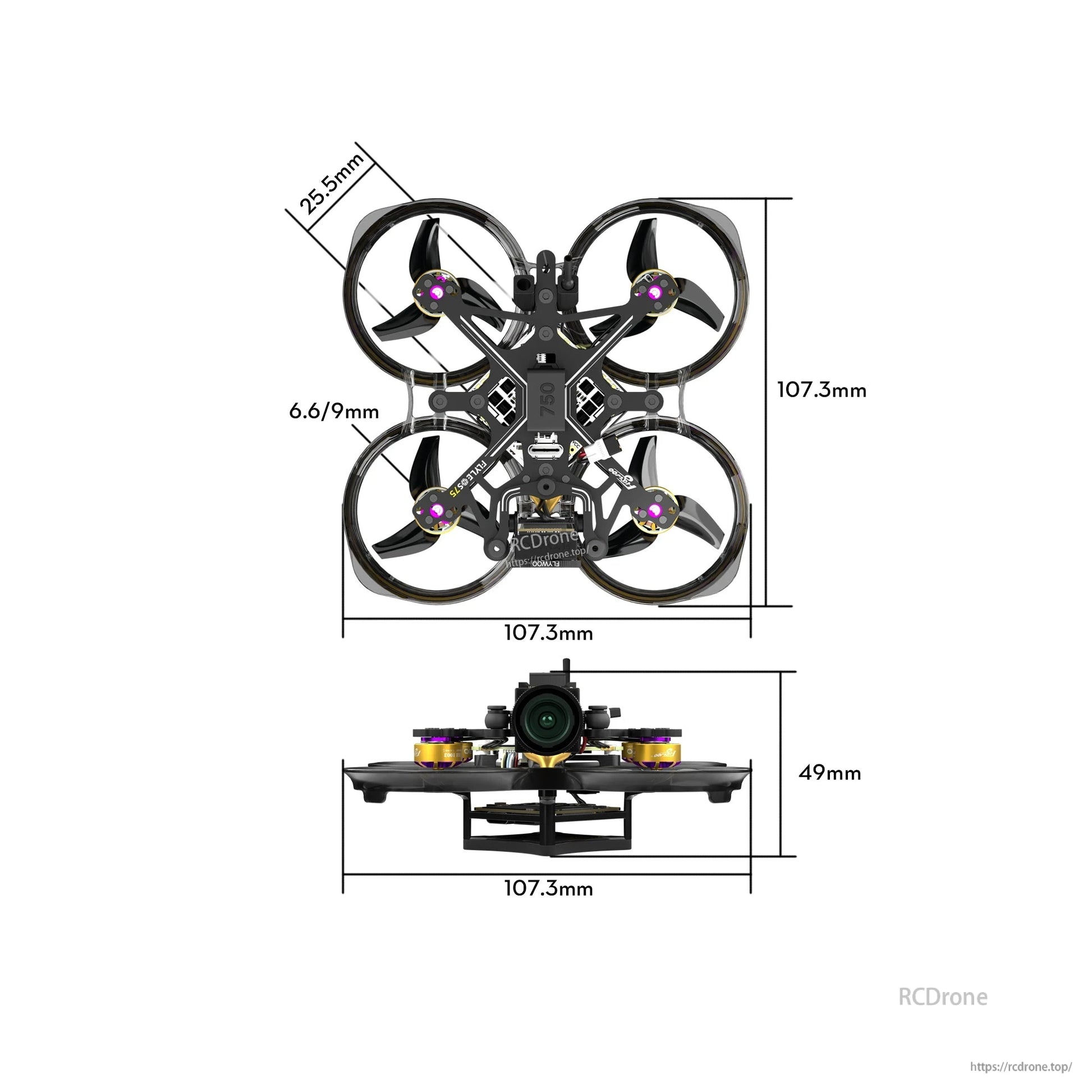 Flylens 75 HD O4 wide 2S whoop FPV drone with ducted props and camera, 107.3mm x 107.3mm, 49mm tall