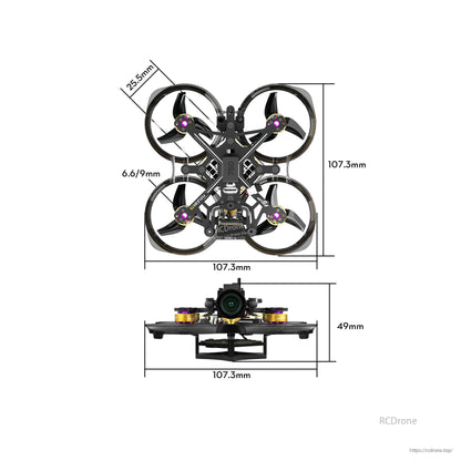 Flylens 75 HD O4 wide 2S whoop FPV drone with ducted props and camera, 107.3mm x 107.3mm, 49mm tall