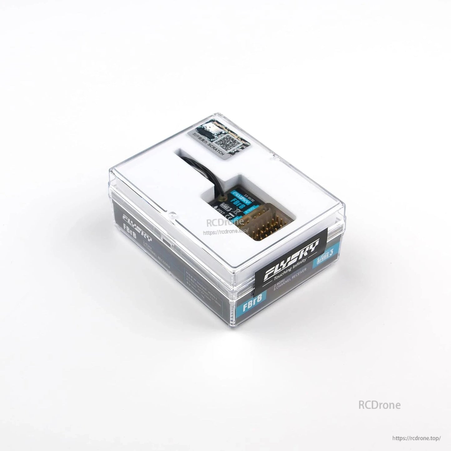 Flysky FBr8 receiver in clear retail display box, front/side packaging view